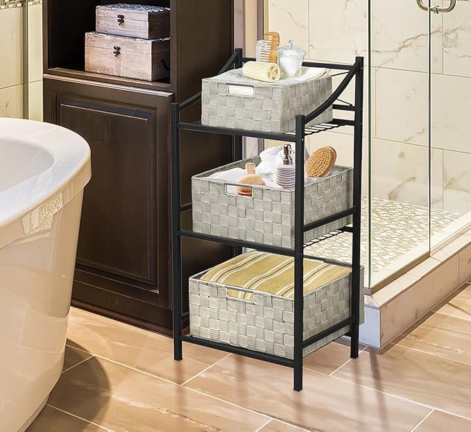 Sorbus Storage Box Woven Basket Bin Container Tote Cube Organizer Set Stackable Storage Basket Woven Strap Shelf Organizer Built-in Carry Handles (Beige)
