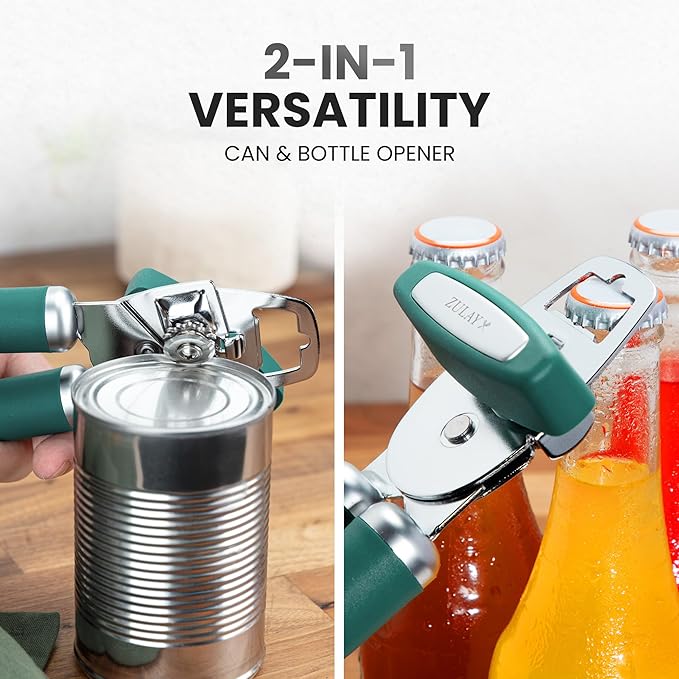 Zulay Kitchen Heavy Duty Stainless Steel Can Opener Manual with Bottle Opener - Rust Proof Manual Can Opener With Turn Knob & Comfy Soft Grip Handles - Pine Green