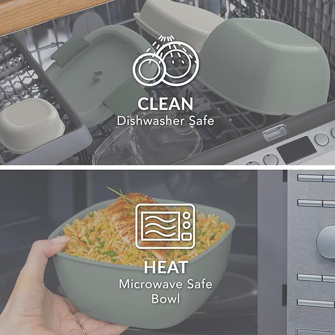 Bentgo Salad Container - 54 oz Bowl with 4-Compartment Toppings Tray, Leak-Proof Dressing Container, Reusable Fork, BPA-Free Lunch Box for Meal Prep & Food Storage; Removable Bento Tray (Khaki Green)