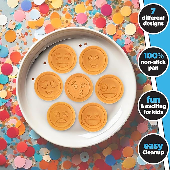 Emoji Mini Pancake Pan- 7 Unique Flapjack Smiley Faces for Kids, Nonstick Pan Cake Maker Stovetop Griddle for Easy Cleanup, Long Handle for Easy Holding, Breakfast Gift- Officially Licensed by Emoji