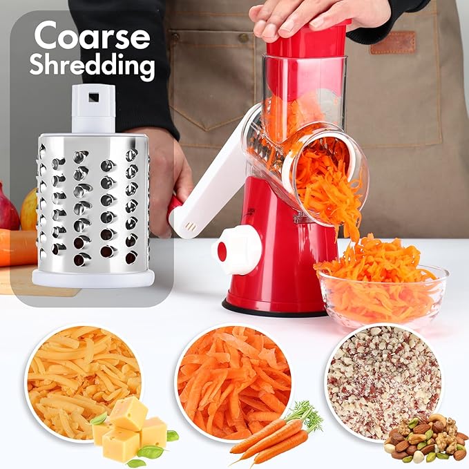 Rotary Cheese Grater Shredder, Speed Kitchen Manual Round Mandolin Slicer Safe Grinder with 3 Interchangeable Blades for Nuts, Carrot, Hashbrown, Garlic, Walnut, Potato, Chocolate (Red)