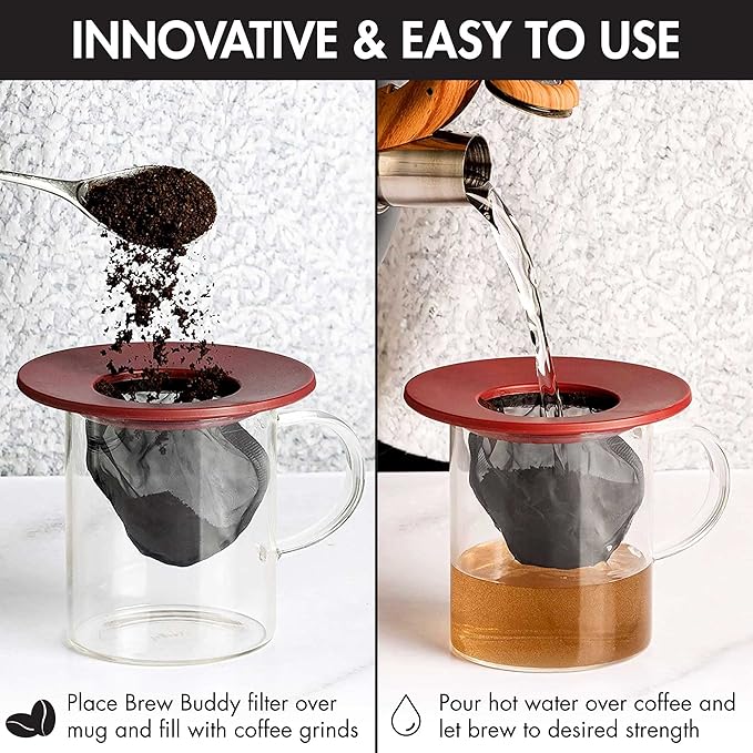 Primula Brew Buddy Portable Pour Over, Reusable Fine Mesh Filter, Dishwasher Safe, Single Serve Coffee or Tea at Any Strength, Ideal for Travel or Camping, Red, 2-Pack
