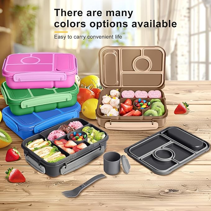 Bento Box Adult Lunch Box Kids,Lunch Containers for Adults/Kids/Toddler,5 Compartments Bento Lunch Box with Sauce Vontainers,Microwave & Dishwasher & Freezer Safe,BPA-Free (Dark Gray)