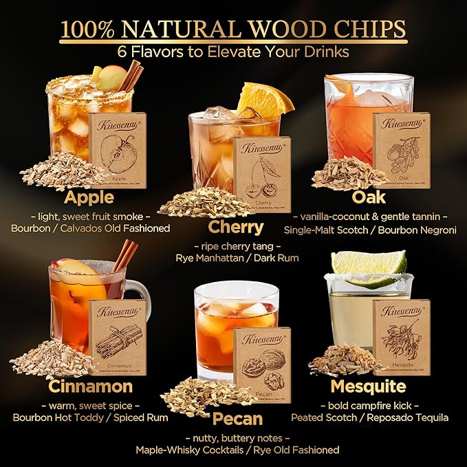 KITESSENSU Whiskey Smoker Kit with Torch – 6 Flavors Wood Chips – Old Fashioned Bourbon Cocktail Smoker Kit, Anniversary & Birthday Gifts for Men(NO Butane)