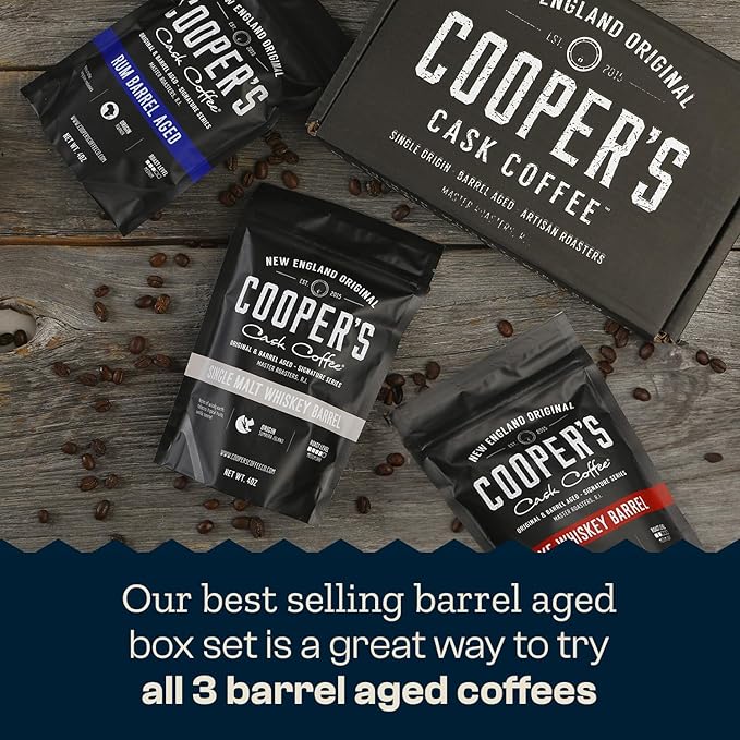Bourbon Barrel Aged Coffee Whole Bean Set, 3 Bags - Single Origin Sumatra Whiskey, Ethiopian Rye, Rwanda Rum Roasted Coffee Beans, 12oz