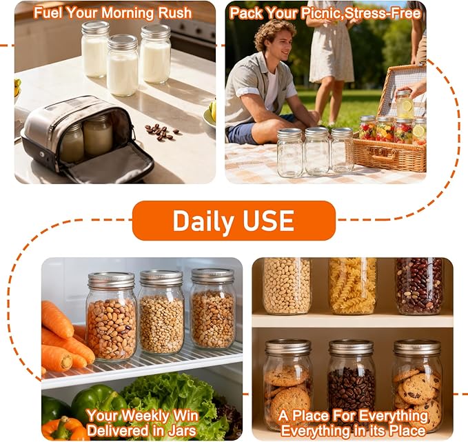 Glass Mason Jars 16 oz with Airtight Lids and Bands - 15 Pack Regular Mouth Pint Canning Jars for Pickling, Meal Prep, Overnight Oats, Dry Food & DIY Crafts - Includes 24 Stickers & Brush
