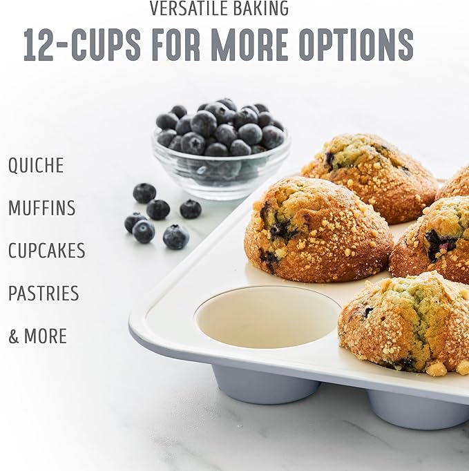 GreenLife 12-Cup Muffin Pan, PFAS-Free Healthy Nonstick Baking Tray, 11.4" x 1.9" x 15.9", Durable Ceramic Bakeware, Cupcakes, Egg Bites, Tarts, Brownies, Gray