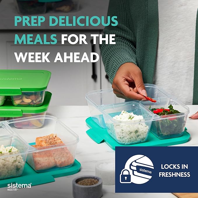 Sistema NEST IT Meal Prep Containers | 1.9 L | Airtight Food Storage Containers with Compartments & Lids | School Lunch Boxes | BPA-Free | Green | 5 Count