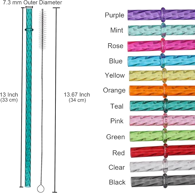 Dakoufish 13 Inch Long Reusable Clear Plastic Replacement Drinking Straws for 32 oz,40 oz & 100 oz Jar/Tumblers, Set of 12 Swirl Straws With Cleaning Brush (13inch,12color)
