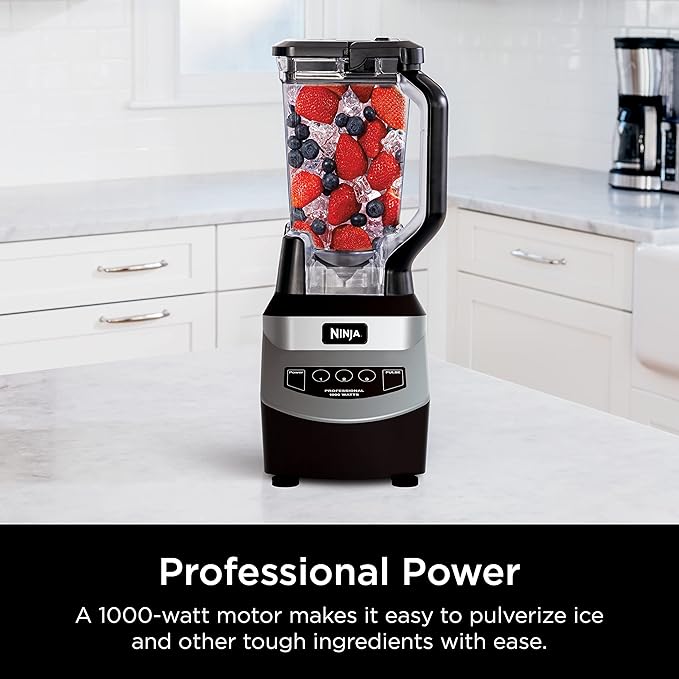 Ninja Blender, For-Smoothies, Salsa, Shakes, Slush, and-Frozen Drinks, Pitcher, and-Lid, for-Kitchen, Crushes Ice, Fruit, and-Veggies, 1000-Watt, Dishwasher Safe, Black, NJ601AMZ