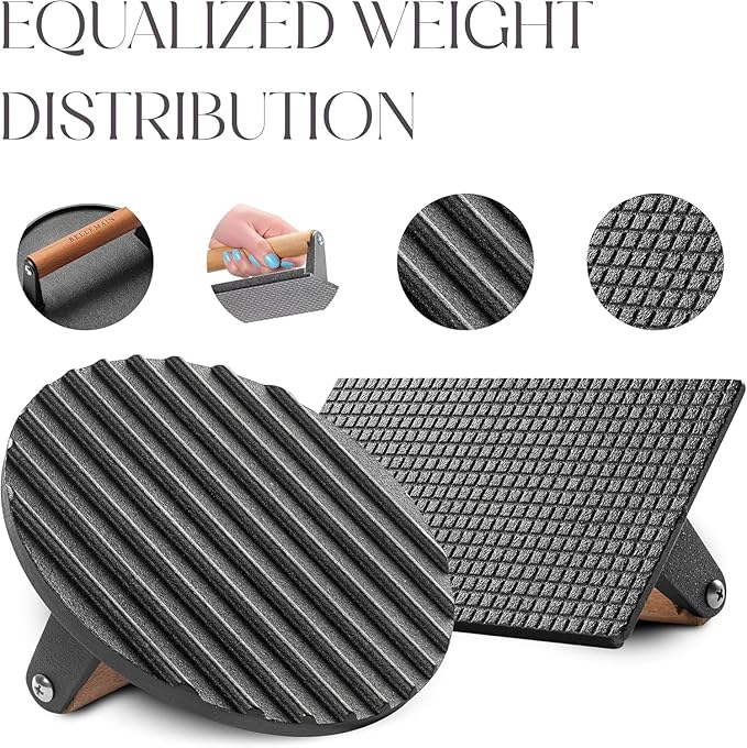 Bellemain Heavy-Duty Cast Iron Grill Press Set – Perfect Smash Burger Press & Steak Tool with Ergonomic Wood Handle for Pro-Level Searing on Griddle, Skillet, or BBQ