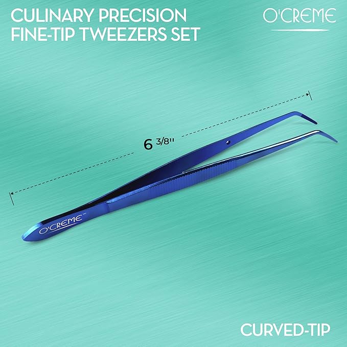 O'Creme Curved Tweezers 6.25 Inch Fine-Point Stainless Steel, Blue