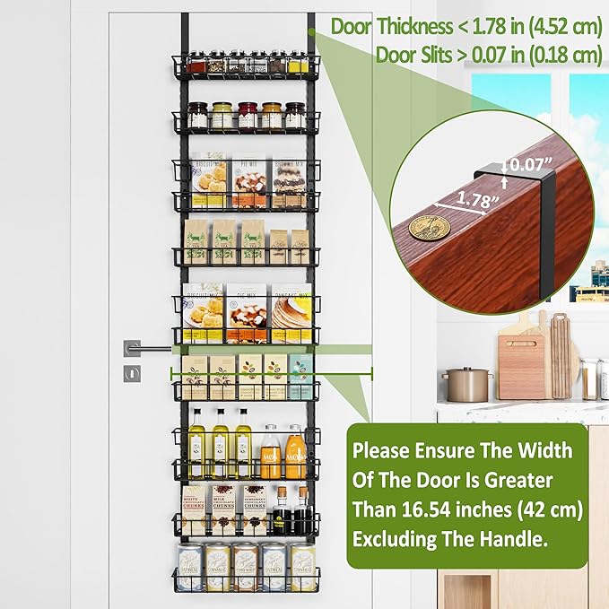 Churboro Over the Door Pantry Organizer Rack with 9 Adjustable Baskets, 9 Tiers Dual-use Hanging or Wall Mount Spice Rack Organizer, Black
