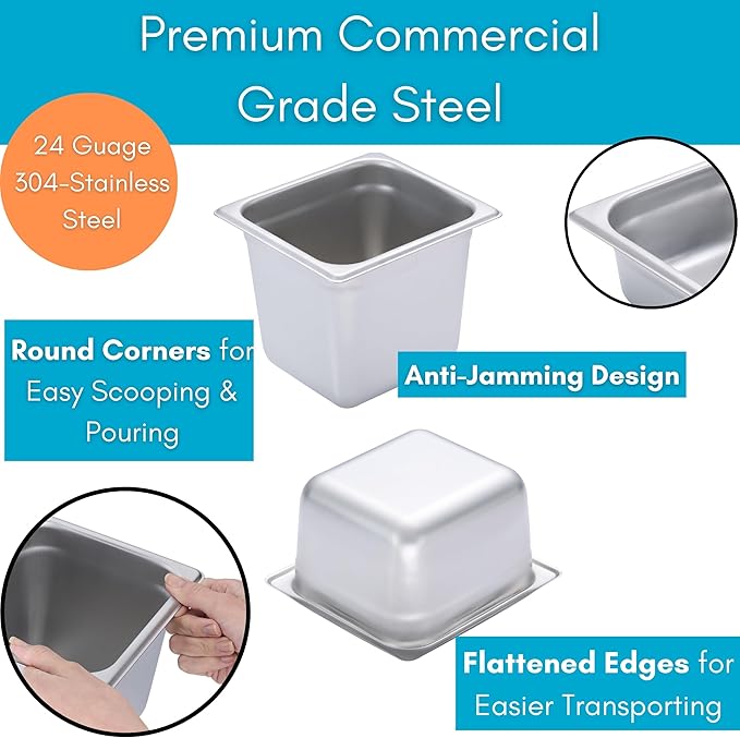BIRDROCK HOME Stainless Steel Steam Table Pan - Hotel, Restaurant & Catering Supplies - 24 Gauge Steel, 9.9 qt Capacity - Meal Prep, Cooking, & Food Storage Container - 6" Depth, 1/2-Size (6 Pack)
