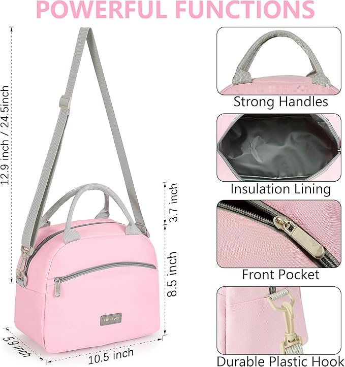 Lunch Bag Women Insulated Lunch Bag For Waterproof Lunch Cooler Bag Insulated Lunch Box For Women Portable Reusable Lunch Bag Two-Tone,With Adjustable Straps Can Be Used For Work,Pink and Grey