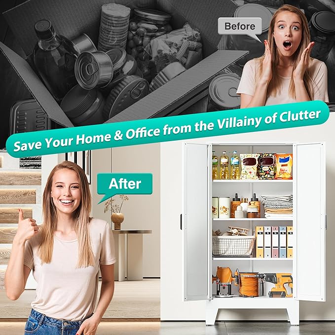 Metal Storage Cabinet with 2 Doors and 3 Shelves,White Pantry Storage Cabinet with Legs,Farmhouse Pantry Cabinets Cupboard,Bathroom Cabinets for Home,Kitchen,Dining/Living Room (47.3" H)