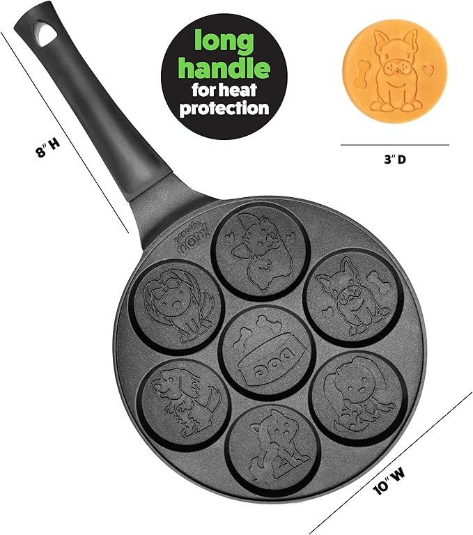 Puppy Friends Mini Pancake Pan- Make 7 Unique Flapjacks- Nonstick Griddle w Long Handle for Breakfast Pup Animal Fun & Easy Cleanup Fun Dog Related Gift for Kids & Adults, Boys Girls, Party Treat