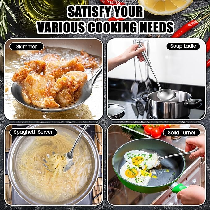 9 Pcs 304 Stainless Steel Utensils Set with Wood Handle Metal Cooking Tool Spatula, Solid Spoon, Slotted Spoon, Fork, Ladle, Skimmer, Slotted Spatula Spaghetti(Silver,Stainless Steel)