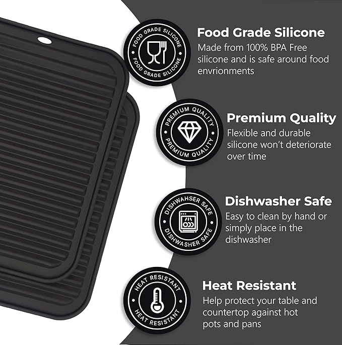 Silicone Trivets for Hot Dishes, Pots, Pans (2 Pack) - Heat-Resistant Pot Holders for Kitchen Countertop Mats - Silicone Trivet Mat (9 x 12 Inch) - Multipurpose Counter Pads (Black)