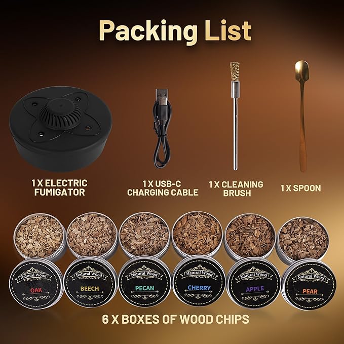 Electric Whiskey Smoker Kit with 6 LED Lights & Rechargeable Built-in Lighter, No Butane Needed, 6 Flavored Wood Chips for Old Fashioned Cocktail Smoker - for Father's Day Gifts for Men, Dad, Husband