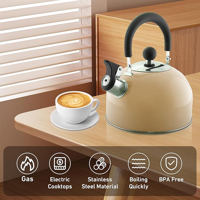 Lily's Home 2 Quart Stainless Steel Whistling Tea Kettle, the Perfect Stovetop Tea and Water Boilers for Your Home, Dorm, Condo or Apartment. (Pastel Cream)