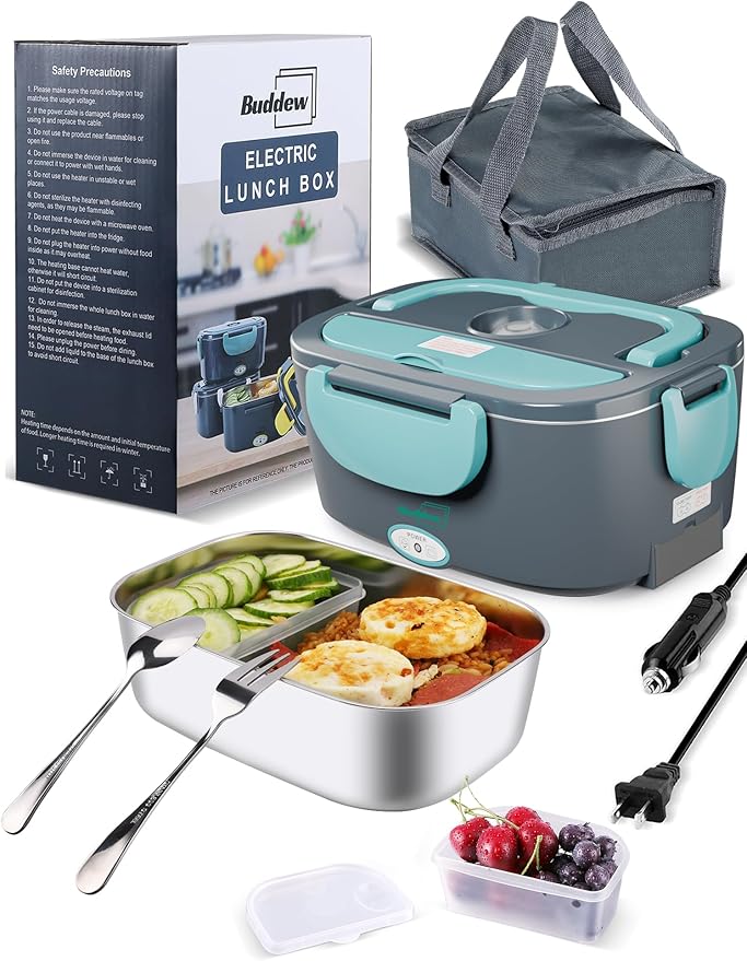 Buddew Electric Heated Lunch Box for Adults - 80W Fast Heating, 1.5L Food-Grade Stainless Steel, 12V/24V/110V Portable Food Warmer for Work Travel Car, Lonchera Electrica Portatil (Blue)