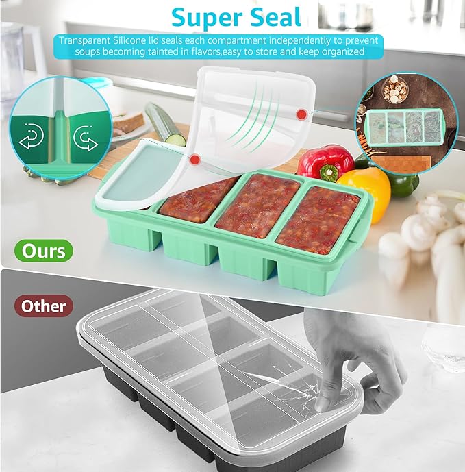 Silicone Freezer Tray With Lid - Silicone Freezer Food Molds- Large Ice Cube Tray,Silicone Freezer Container,Freeze & Store Soup, Sauce, Broth,Leftovers - Makes 4 Perfect 1 Cup