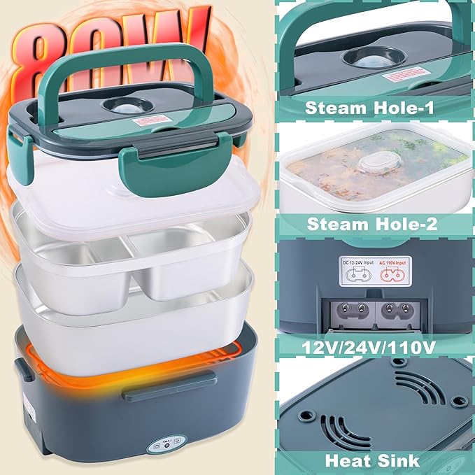 Nifogo Electric Lunch Box for Adults with 2 Stainless Steel Containers 1.5L 80W Heated Lunch Boxes for Men Electric LunchBox Food Heater Portable 12/24/110V for Work Car Truck (Blue)