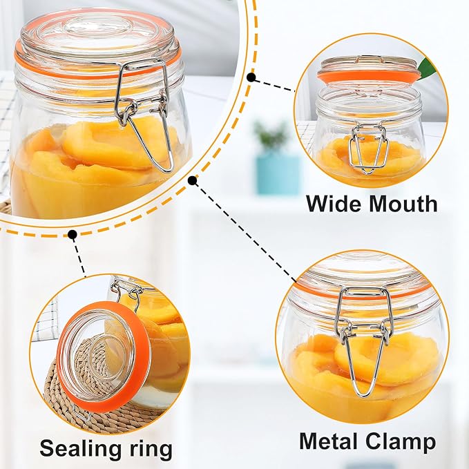 Encheng 32 oz Wide Mouth Mason Jars with Airtight Hinged Lids, Large Glass Jar with Lid for Pickling, Fermentation, Canning, Food Storage – Set of 4 Glass Storage Containers