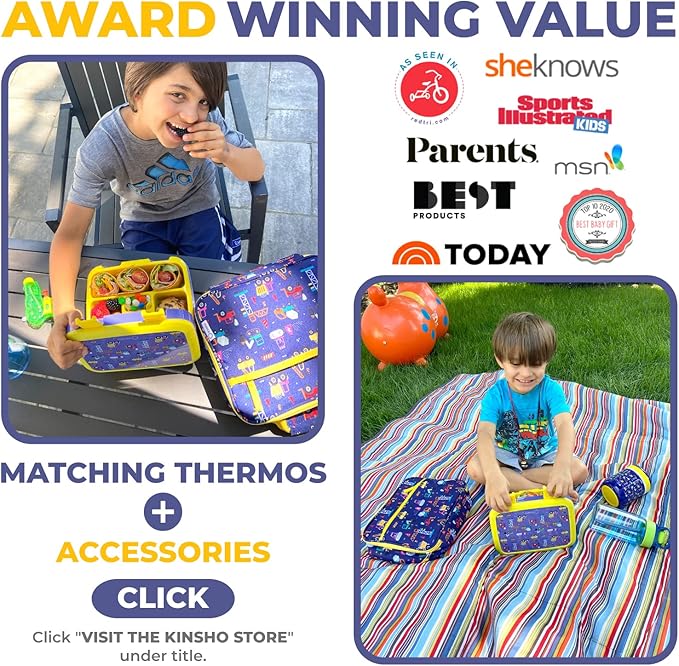 Bento Box, Insulated Lunch Bag, Ice Pack & Water Bottle Set for Kids - 5 Compartments, Lunches or Snack Container Boys Toddlers Daycare Pre-School, Kindergarten Blue Yellow Trucks
