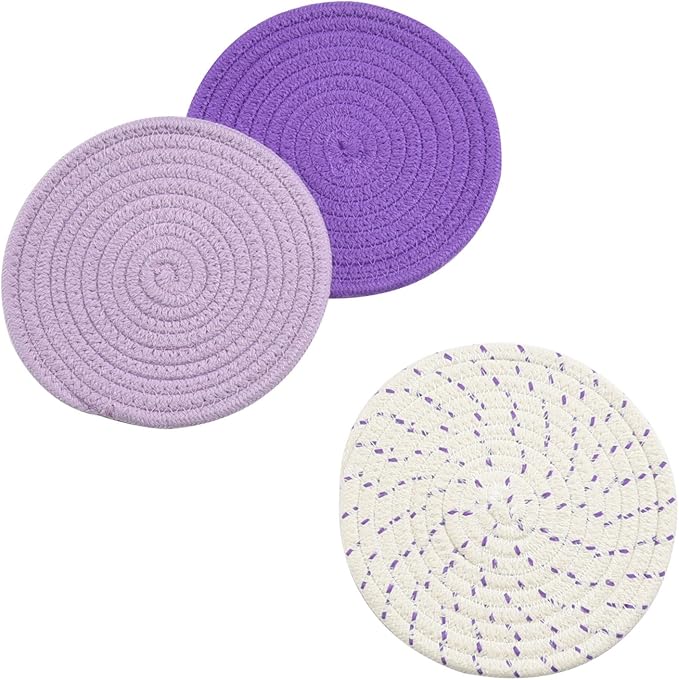 Pot Holders Set Trivets Set 100% Pure Cotton Thread Weave Hot Pot Holders Set (Set of 3) Stylish Coasters, Hot Pads, Hot Mats, Spoon Rest For Cooking and Baking by Diameter 7 Inches (Purple)