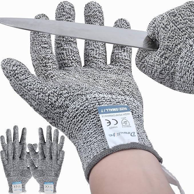 Dowellife 3 Pairs Cut Resistant Gloves Food Grade Level 5 Protection, Safety Kitchen Cuts Gloves for Mandolin Slicing, Fish Fillet, Oyster Shucking, Meat Cutting and Wood Carving (Black Gray, Small)