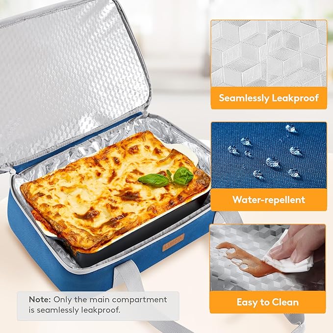 LUNCIA Double Decker Insulated Casserole Carrier for Hot or Cold Food, Lasagna Lugger Tote for Potluck Parties/Picnic/Cookouts, Fits 9"×13" Baking Dish, Pure Blue