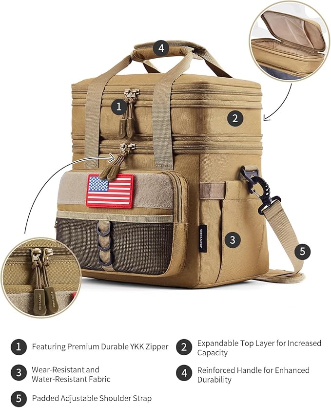 JOYHILL Tactical Lunch Box for Men, Double Deck Expandable Insulated Lunch Bag, Large Durable Thermal and Cooler Bag for Adult, Modern Leakproof Bag for Adult Work, Camping, Picnic, Sandy,18 L/24 Can