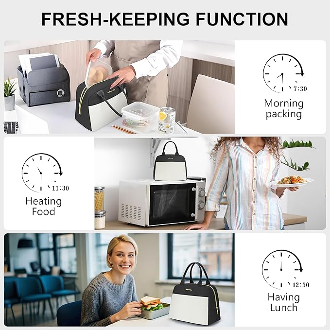 LOKASS Lunch Bag for Women-Insulated Adults Lunch Box with Front Pocket- Small Cute Lunch Tote for Work-Reusable Cooler Bag for Office Picnic Beach or Travel（Black）