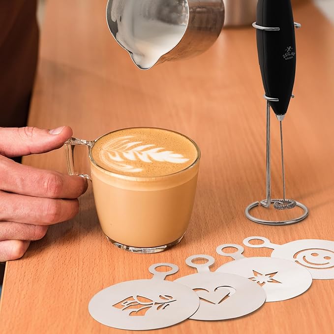 Zulay Kitchen Premium Gift Milk Frother Complete Set - Handheld Foam Maker, Stencils & Frothing Pitcher Set - Whisk Drink Mixer for Coffee - Mini Blender for Cappuccino, Frappe - Black