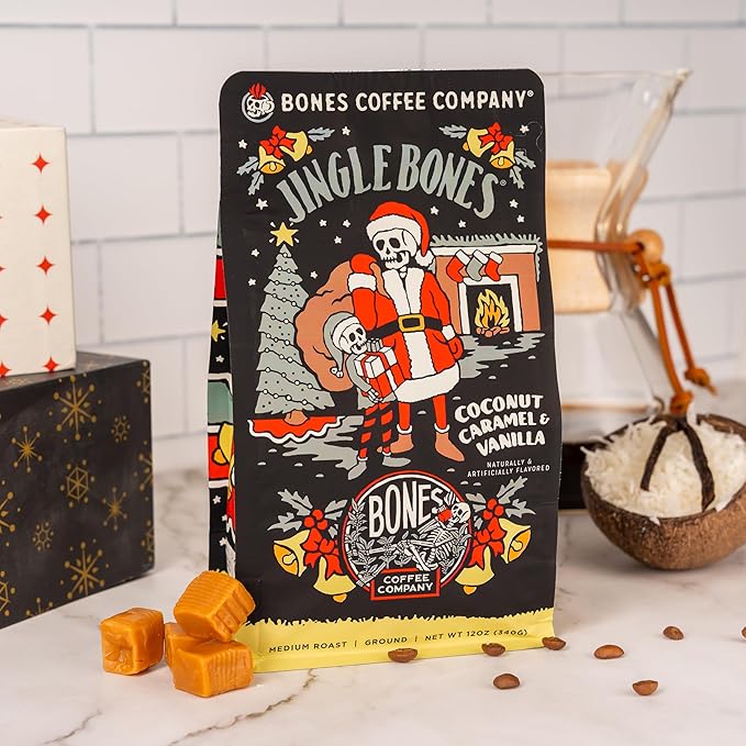 Bones Coffee Company Jingle Bones, Caramel Vanilla Coconut Flavored Coffee, Medium Roast Low Acid Arabica Beans Compatible with Auto drip and French Press Coffee Maker, 12 Oz Ground