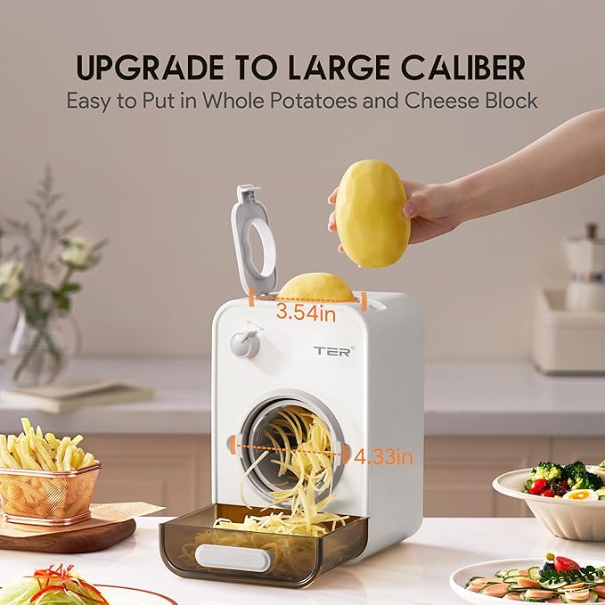 TER Electric Cheese Grater with 5 Blades – 5-in-1 Gourmet Vegetable Shredder for Carrot, Potato & More, 110mm Large Caliber, Built-in Blade Storage Box, Fast & Efficient Grating