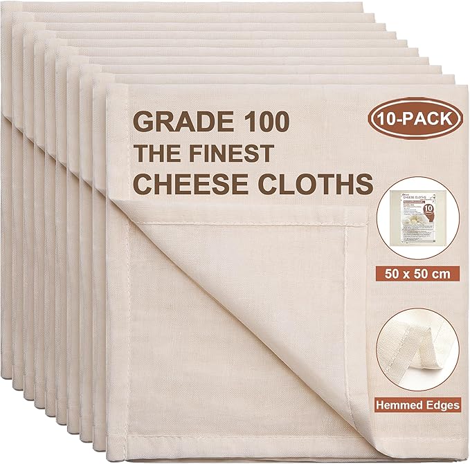 eFond Cheese Cloths, 10-Pack, 20x20Inch Squares with Hemmed Edges, Grade 100 Ultra Fine Reusable Cheesecloth for Straining, Unbleached Cotton Muslin Cloths for Cooking, Nut Milk, Butter & Baking