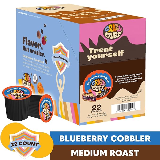 Crazy Cup Flavored Coffee Pods, Blueberry Coffee Pods, Blueberry Cobbler Coffee in Recyclable Single Serve Cups For Keurig K Cups Machines, 22 Count