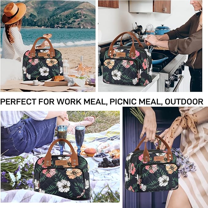 HOMESPON Lunch Bag for Woman Man Adults with Front Pocket Insulated Lunch Tote Lunch Box Container for Work Picnic or Travel(Green Leaves)