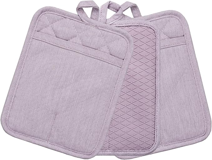 Pot Holders Yarn-Dyed Set of 3 Non Slip Silicone Kitchen Lines Heat Resistant 500℉ Kitchen Gloves BBQ Cooking Baking Cooking Barbecue Microwave Machine Washable (Purple Pot Holders)
