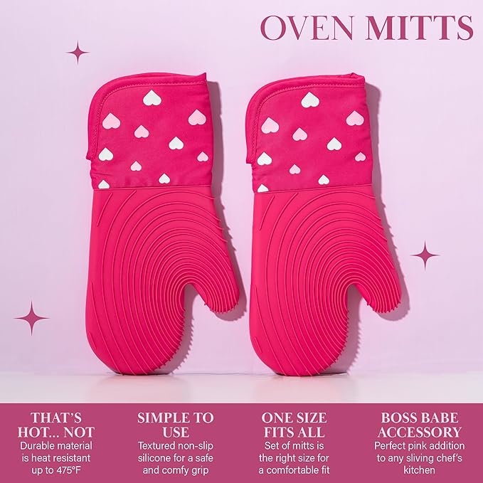 Paris Hilton Oven Mitt Set with Heart Design, Heat Resistant Pot Holders Featuring Non-Slip Textured Silicone Grips, 2-Piece Set, Pink