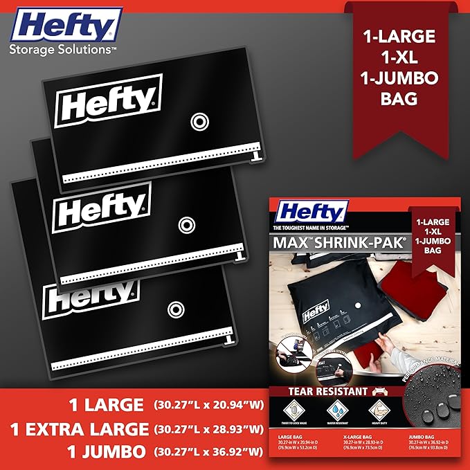 Hefty MAX Shrink-Pak Vacuum Storage Bags Combo Pack – Max Strength Tear-Proof Bags For Clothes, Pillows, Towels, Blankets & More – Space Saver Suction Sealer Bags for Home– 1 Large, 1 XL, 1 Jumbo