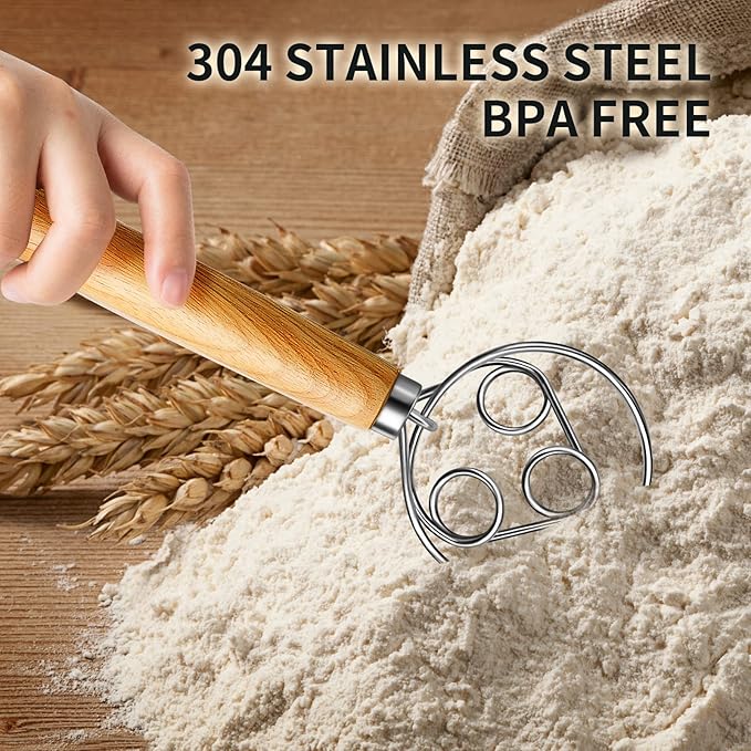 TEEVEA Danish Dough Whisk for Sourdough Bread, Pizza & Pastry - Wooden Handle with Stainless Steel Hook