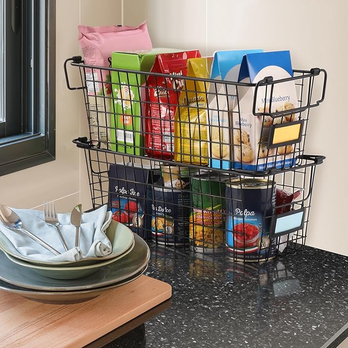 4 Pack [ XL Large ] STACKABLE Wire Baskets for Organizing - Pantry Storage and Organization Metal Bins for Produce, Food, Fruit - Kitchen Bathroom Closet Cabinet, Countertop, Under Sink Organizer