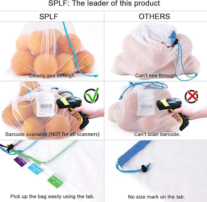 SPLF 18 Pcs Heavy Duty Reusable Mesh Produce Bags, Barcode Scanable See Through Food Safe Mesh Bags with Drawstring for Fruits, Vegetable, Food, Toys, Grocery Storage