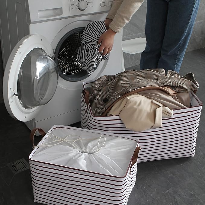 Hinwo 70L Extra Large Storage Bins, Closet Organizers and Storage, Foldable Clothes Storage Baskets with Handles, Containers for Clothing, Blanket, Comforters, Toys, Bedding (Burgundy Stripe)