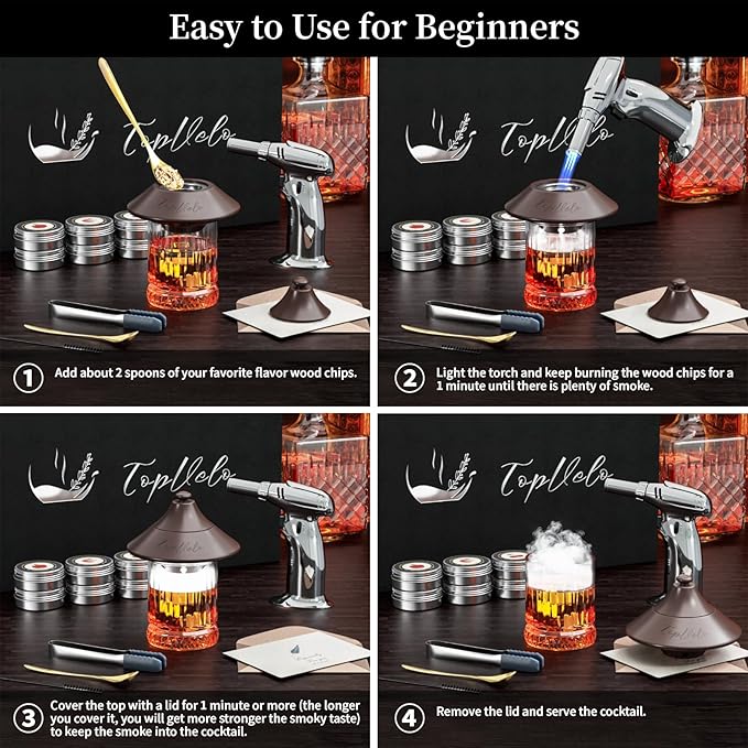 Cocktail Smoker Kit with Torch and Whiskey Glass, 6 Flavors Wood Chips and 3 Whisky Stones for Whiskey & Bourbon, Gift for Husband, Birthday Gift (No Butane)