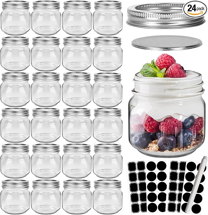 CycleMore 24 Pcs 8oz Clear Glass Mason Jars With Regular Silver Separable Lids, 250ml Round Spice Canning Jars for Honey, Jam, Herb, Wedding Favors, Kitchen Storage, DIY Souvenir